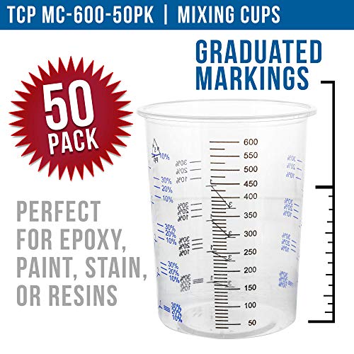 TCP Global 20 Ounce (600ml) Disposable Flexible Clear Graduated Plastic Mixing Cups - Box of 50 Cups - Use for Paint, Resin, Epoxy, Art, Kitchen, - WoodArtSupply