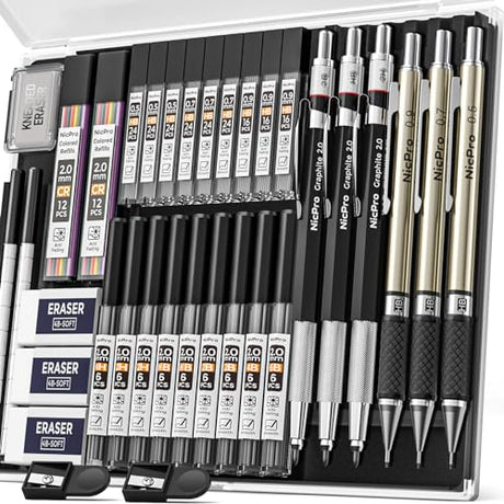 Nicpro 35PCS Art Mechanical Pencils Set, 3 PCS Metal Drafting Pencil 0.5 mm & 0.7 mm & 0.9 mm & 3 PCS 2mm Lead Holder (6B 4B 2B HB 2H 4H Colors) For Nicpro