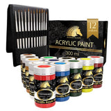 MyArtscape Acrylic Paint Set - 12 x 300ml Bottles with Miniature Paint Brushes with Holder, Set of 12 for Detail & Fine Point Painting MyArtscape