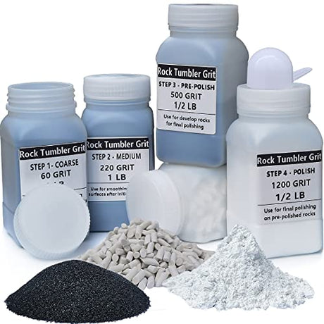 4 LBS Refill Rock Tumbler Grit Media 5 In 1 Kit, Rock Tumbling Grit Set -Inculde 3 LBS 4 Step Polishing Grits Media + 1 LB 3/16" X 3/8" Ceramic HDongany