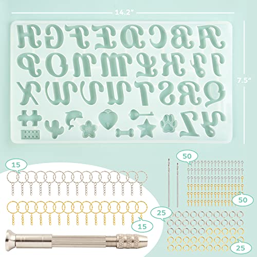 Mocoosy 182Pcs Reversed Silicone Alphabet Resin Molds Kit, Fancy Letter & Ornament Molds Epoxy Resin Casting Keychain Making Set with 1 Hand Drill 2 Mocoosy