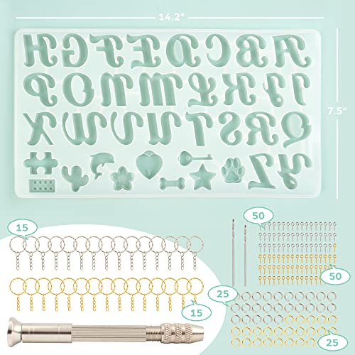 Mocoosy 182Pcs Reversed Silicone Alphabet Resin Molds Kit, Fancy Letter & Ornament Molds Epoxy Resin Casting Keychain Making Set with 1 Hand Drill 2