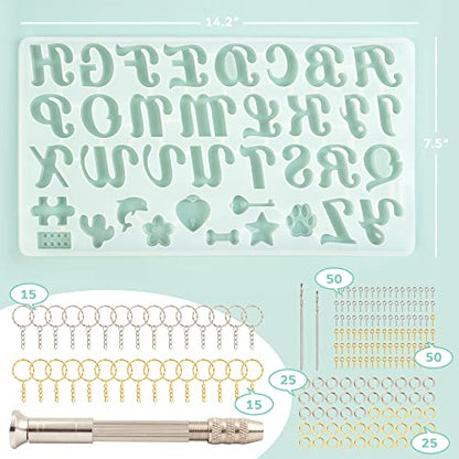 Mocoosy 182Pcs Reversed Silicone Alphabet Resin Molds Kit, Fancy Letter & Ornament Molds Epoxy Resin Casting Keychain Making Set with 1 Hand Drill 2