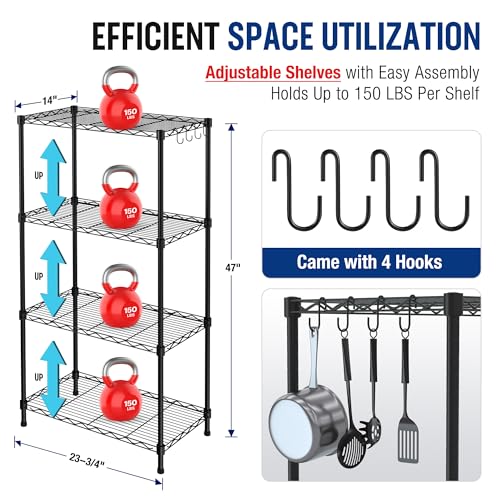 WORKPRO Storage Shelves, 4 Tier Metal Shelving Unit, Garage Wire Rack, Standing Adjustable Shelves with Hooks for Pantry Closet Kitchen Basement 24" WORKPRO