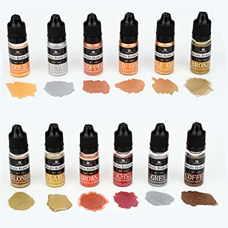Metallic Alcohol Ink Set - 12 Metal Color Alcohol-Based Inks for Epoxy Resin Art, Painting - Concentrated Shimmer Alcohol Paint Color Dye for Resin DecorRom
