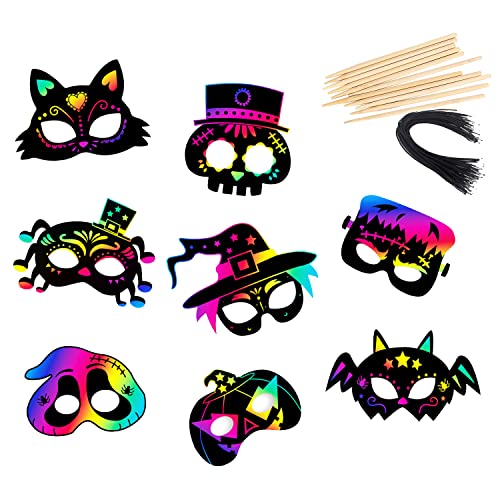 Magic Masks, 8PCS Rainbow Scratch Paper Halloween Masks DIY Art Craft Kit Ghost Skeleton Cat Witch Pumpkin Bat Spider Mask Decorations for Kids