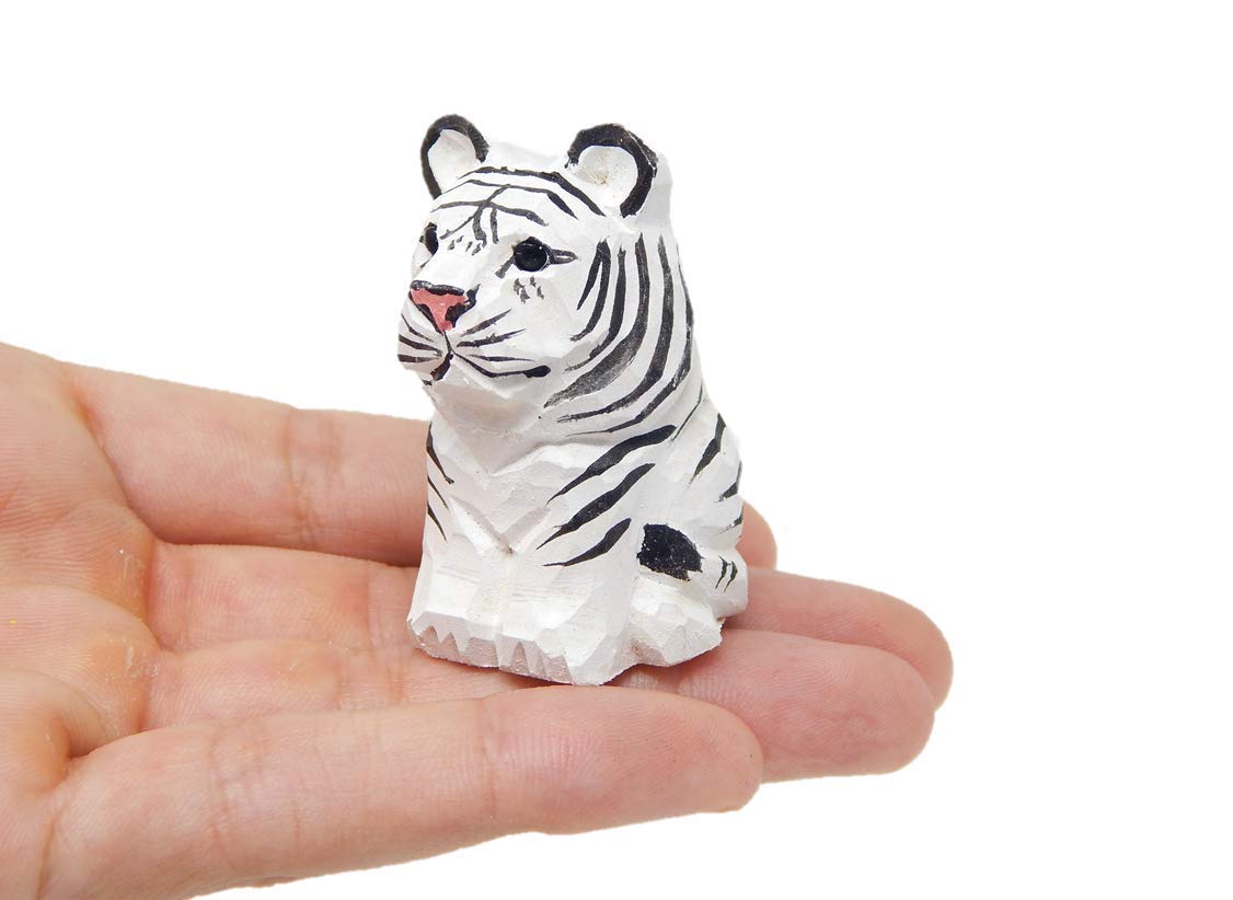 Selsela White Tiger Figurine Decoration Wooden Statue Snow Bleached Albino Art Cat Bengal Striped Miniature Carved Small Animal Sculpture - WoodArtSupply