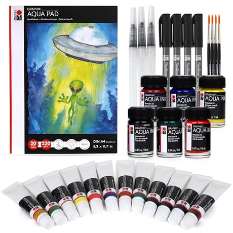 Marabu Watercolor And Mixed Media Set - Quality Watercolor Paper 20 Sheets, A4 220 GSM - 12 Watercolor Paint Tubes, 6 Watercolor Inks, 4 Black Marabu