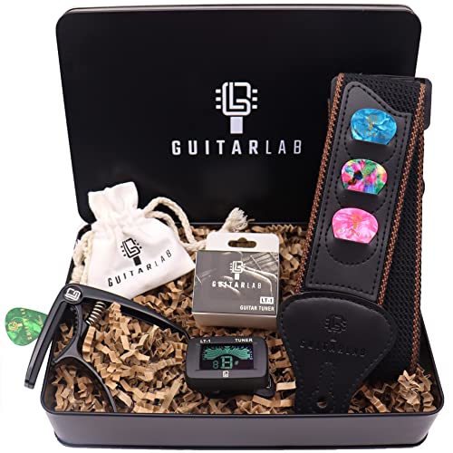 Guitar Accessories Kit - Premium Metal Tin with Guitar Strap, Capo, Tuner & Picks for Acoustic, Bass, Electric & Ukelele Guitars Guitar Lab