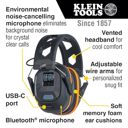 Klein Tools AESEM1S Smart Sense Electronic Hearing Protection Safety Earmuff with Bluetooth & Situational Awareness, NRR 23dB, 25hr Runtime - WoodArtSupply