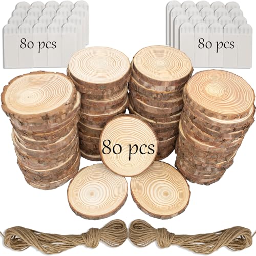 Unfinished Natural Wooden Slices 3.2-4 Inch Wood Circles for Crafts DIY Christmas Ornament Craft Wood Kit with Picture Hanging Strips,Blank Round