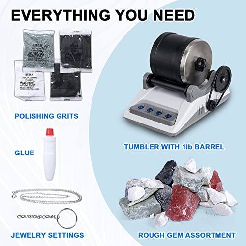 Rock Tumbler Kit, Professional Tumbling Stone Polisher with Button 7 Day Polishing Timer, Rock Polisher with Rough Gemstones, 4 Polishing Grits, Carseatty