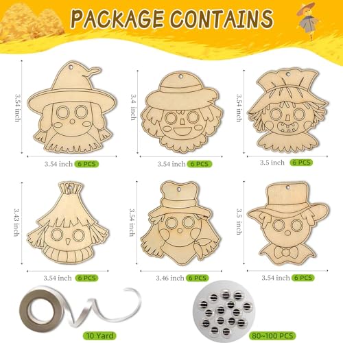 36 Sets Fall Scarecrow Craft Kits Unfinished Wooden Scarecrow Head Cutouts DIY Autumn Thanksgiving Ornaments Make Your Own Scarecrow Hanging Slices WoodArtSupply
