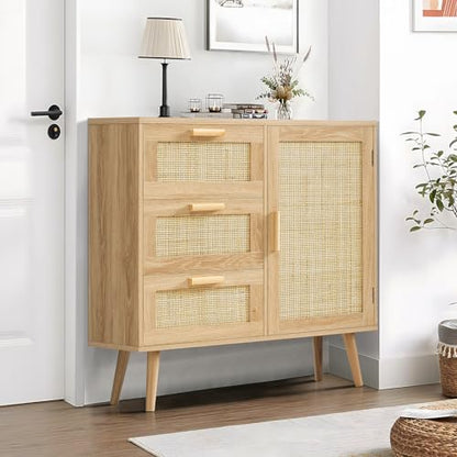 Iwell Storage Cabinet with Rattan Door & 3 Drawers, Rattan Cabinet with Adjustable Shelf, Bathroom Storage Cabinet, Accent Cabinet for Living Room,