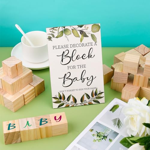 PEUTIER 75pcs Baby Wooden Shower Games Kit, 50 DIY Baby Unfinished Shower Block with Game Sign 24 Acrylic Paint Marker Baby Cubes Crafts Game Prizes PEUTIER