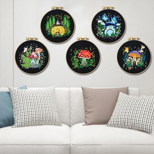 ERKOON 5 Sets Embroidery Kit for Beginners, Art Craft Handy Sewing Set Mushroom Cross Stitch Starter Kits, DIY Embroidery Kits with Patterns and ERKOON