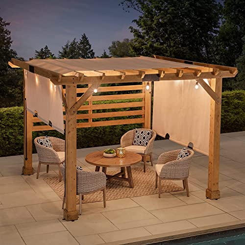 Sunjoy Cedar Pergola 10 x 11 ft. Wooden Hot Tub Pergola with Adjustable Canopy and Privacy Screen by SummerCove - WoodArtSupply