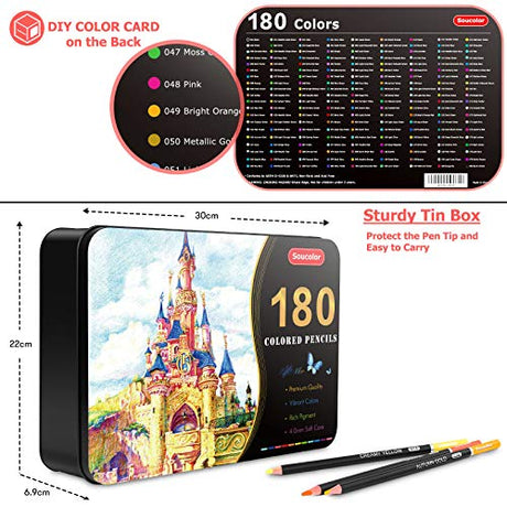 Soucolor 180-Color Artist Colored Pencils Set for Adult Coloring Books, Soft Core, Professional Numbered Art Drawing Pencils for Sketching Shading Soucolor