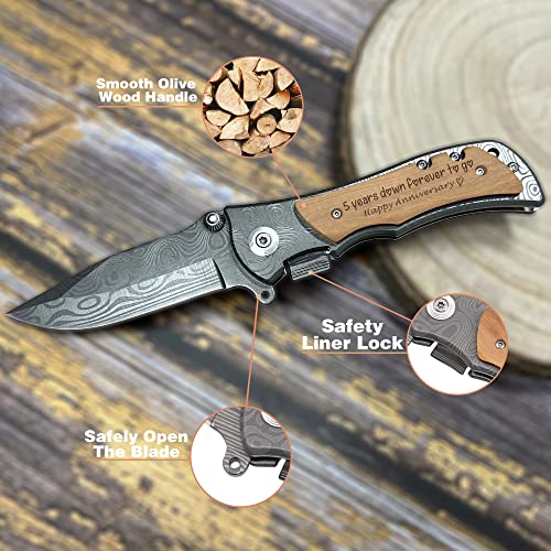 XJF Engraved Wooden Pocket Knife Gift - 5 Years Down Forever to Go, 5th Wood Wedding, 5th Wedding Anniversary Keepsake Gift for Husband, Men, 5 Years XJF