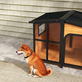 PawHut Outside Cabin-Style Wooden Dog House for Large Dogs with Openable Roof & Giant Window, Outdoor & Indoor Big Dog House, Asphalt Roof, Yellow PawHut
