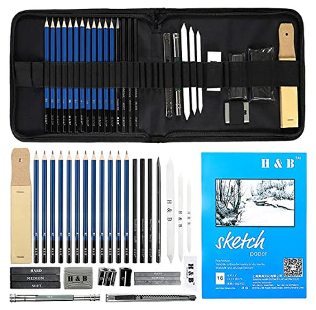 H & B Drawing Pencils Set, 33 Pieces Sketch Pencils & Drawing Kit, Includes Sketch Pad, Graphite Pencils, Charcoal Sticks and Eraser, Supplies for H & B