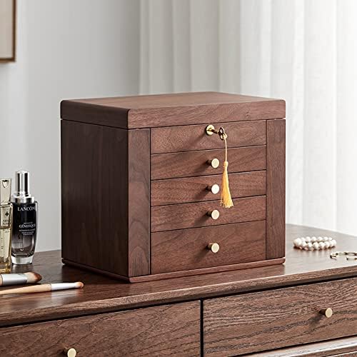 Homruilink Black Walnut Jewelry Box for Women Classical Wooden with Two Side Doors 5-Layer Organizer with Mirror 5 Big Drawers Watch Necklace Ring Homruilink