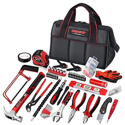 WISEUP Tool Set for Men and Women Heavy Duty,Household Basic Tool Kit for Home Repairing,DIY,Woodworking with 10-Inch Wide Mouth Open Storage Bag