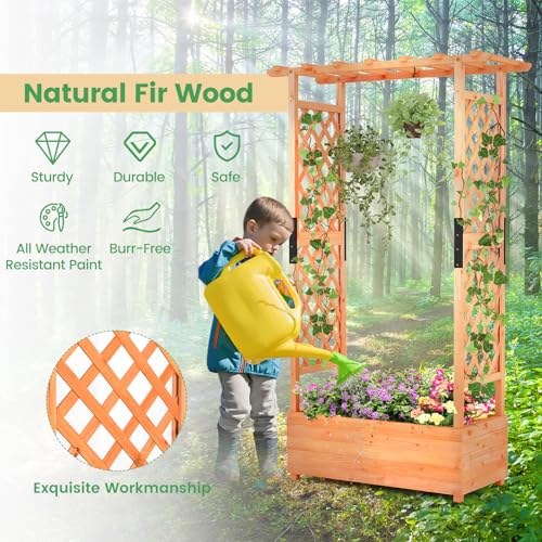 Giantex Raised Garden Bed with 2-Sided Trellis & Hanging Roof, Fir Wood Planter Box w/Drainage Holes, Bottom Gaps, Freestanding Garden Planter for Giantex