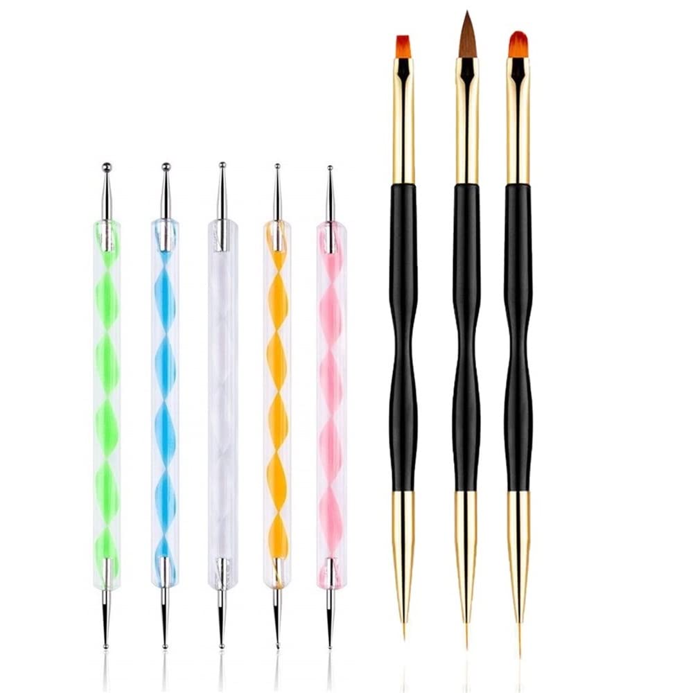 FULINJOY 5PCS Dotting Pens with 3 PCS Nail Painting Brushes, Double Ended Brush and Dotting Tool Kit, Nail Art Design Tools FULINJOY