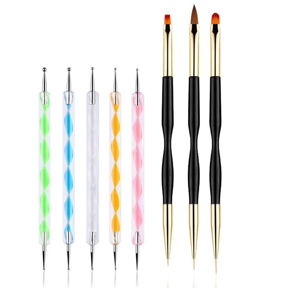 FULINJOY 5PCS Dotting Pens with 3 PCS Nail Painting Brushes, Double Ended Brush and Dotting Tool Kit, Nail Art Design Tools - WoodArtSupply