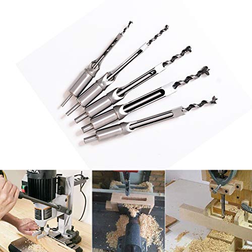 Woodworking Square Drill Bits Set, HSS Wood Mortising Chisel Countersink Bits Woodworker Hole Saw Power Tool Kits 1/4, 5/16, 7/16, 1/2, 5/8-Inch, Set