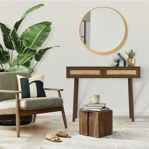 Atlantic Natural Rattan Panels with Storage Loft & Luv Remy Boho Mid-Century Console Entryway Table, Walnut Atlantic
