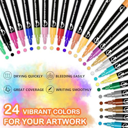 Acrylic Paint Pens Markers, 24 Colors Dual Tip Acrylic Paint Pens for Rock Painting, Wood, Canvas, Stone, Glass, Ceramic Surfaces, DIY Crafts Making