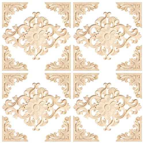20pcs(4 Pack) Wood Appliques Decorative Carved Onlays, Wooden Carved Appliques DIY Decoration for Wood Furniture, Wood Carving Decals for Wall