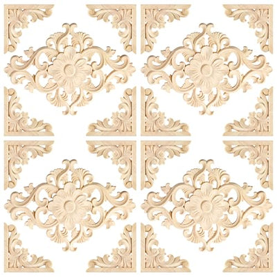 20pcs(4 Pack) Wood Appliques Decorative Carved Onlays, Wooden Carved Appliques DIY Decoration for Wood Furniture, Wood Carving Decals for Wall