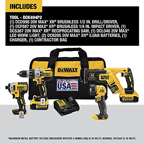 DEWALT 20V MAX* XR Cordless Drill Combo Kit, 4-Tool (DCK494P2) - WoodArtSupply