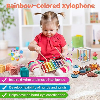 6 in 1 Montessori Baby Toys for 1 + Year Old, Infant Sensory Teething Toys for Babies 6-12 Months, Wooden Stacking Building Blocks Shape Sorter, - WoodArtSupply