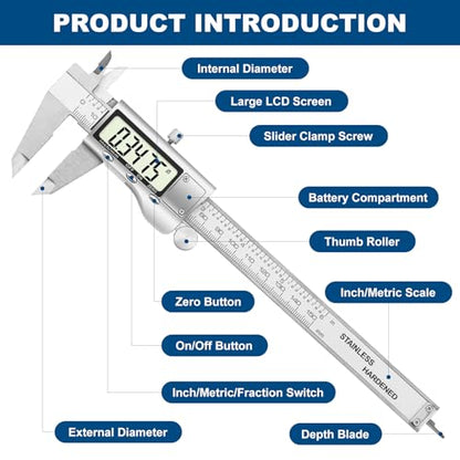 QDXMD Digital Caliper Measuring Tool, 6 Inch Stainless Steel Vernier Caliper Digital Micrometer with Large LCD Screen, Auto-Off Feature, Easy Switch - WoodArtSupply