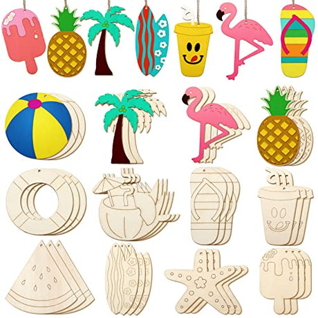 36 Pieces Summer Wood Hanging Ornaments Beach Wooden Slices with String Holiday Hawaiian Party Decorations Tropical Painted Themed Luau Party HooAMI