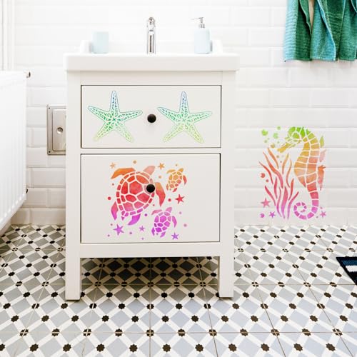 Ocean Stencils for Painting On Wood Turtle Seahorse Starfish Jellyfish Templates for Art Crafts Plastic Reusable Wood Burning Stencils for Wall Pkqon