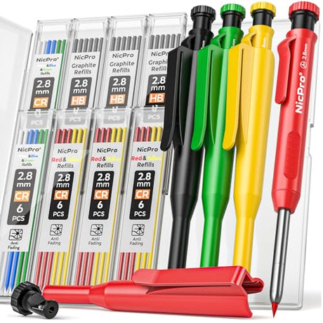 Nicpro 4 Pack Carpenter Pencil with Sharpener & Cap, Mechanical Carpenter Pencils Set with 52 Refill, Deep Hole Marker Woodworking Pencils, Heavy Nicpro