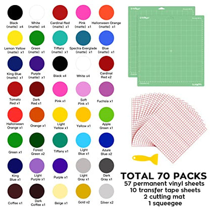 HTVRONT 70 Pack Vinyl for Cricut Machine, 57 Sheets 12" X 12" Permanent Adhesive Vinyl Sheets & 2 Cutting Mat & 10 Transfer Paper for Vinyl - WoodArtSupply