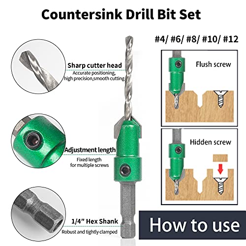 KOWOOD Pro Countersink Drill Bit Set #4, 6, 8, 10, 12, 5-Piece for Wood,High Speed Steel Woodworking Carpentry Reamer with 1 Free Hex Key Wrench - WoodArtSupply