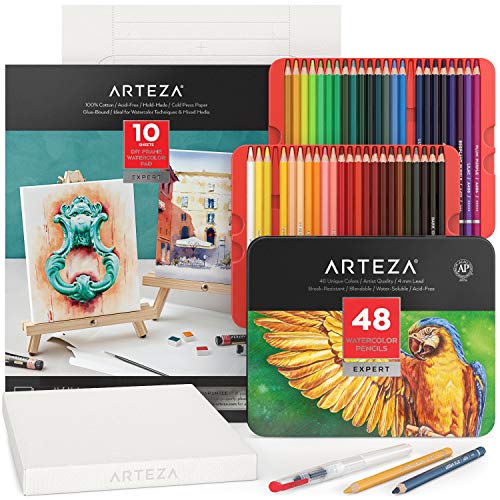 Arteza Watercolor Drawing Art Set, Watercolor Pencils and Foldable Canvas Paper Bundle Painting Set, DIY Kit, Art Supplies for Artists & Hobby ARTEZA