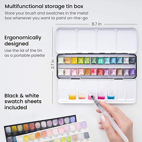 Arteza Metallic Watercolor Paints, Set of 24 Half Pans, Pearl Paint,  Vibrant and Pearlescent Hues, Includes Storage Tin 