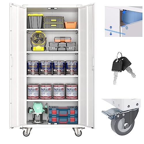 Aobabo Metal Storage Cabinet with Wheels,Heavy Duty Office Storage Cabinet with Lock,Steel Cabinet with 2 Doors and 4 Adjustable Shelves for Office