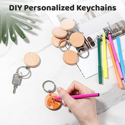 Wooden Keychain Blanks, 100 Pcs Round Wood Tags Finely Polished, Blank Wood Keyrings for Personalized DIY Crafts, Christmas Pendants, Wall Hangings,