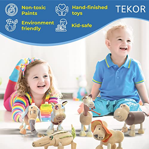 TEKOR Bendable Wooden Animal Toys, Set of 12 | Fun & Posable Farm & Jungle & Safari Animals for Toddlers | Preschool Montessori Toy, Smooth Natural TEKOR