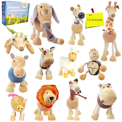 TEKOR Bendable Wooden Animal Toys, Set of 12 | Fun & Posable Farm & Jungle & Safari Animals for Toddlers | Preschool Montessori Toy, Smooth Natural TEKOR