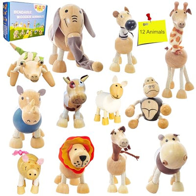 TEKOR Bendable Wooden Animal Toys, Set of 12 | Fun & Posable Farm & Jungle & Safari Animals for Toddlers | Preschool Montessori Toy, Smooth Natural